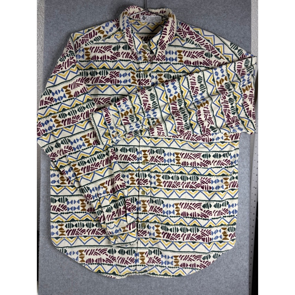 Columbia Sportswear Vintage Geometric Tribal Print Button Down Shirt Cream L